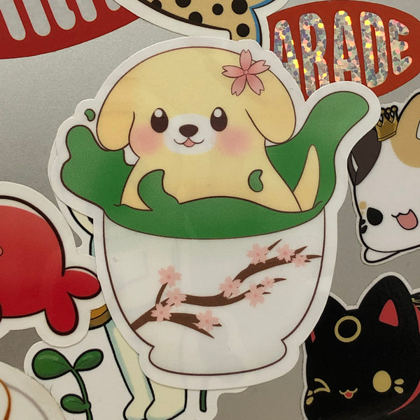 Green Tea Doggo Holographic Sticker - Swirlite